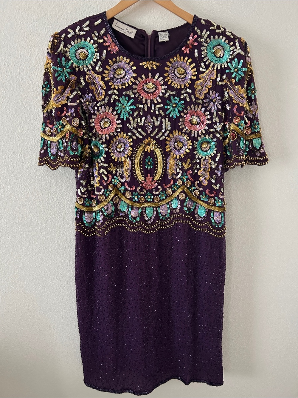 Laurence Kazar Purple Beaded Short Sleeve Cocktail Dress